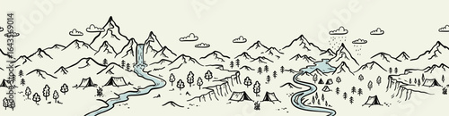 Cute hand drawn map with mountains, tents, trees, hills. illustrated landscape, adventure - great for banners, wallpapers, cards.