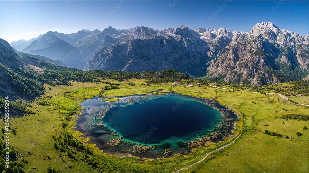 Fototapeta premium Stunning aerial view of a perfect deep blue lake with mountains in the background, clear skies, grassy meadows around, showcasing nature's beauty and creating a serene atmosphere.