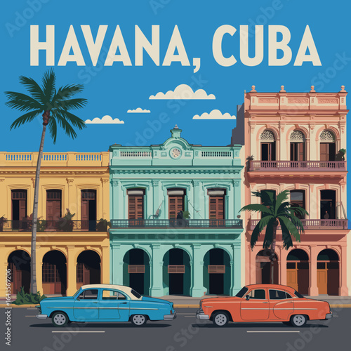 Havana Cuba Vintage Travel Poster with Classic Cars