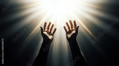 Hopeful Hands Reaching Towards Divine Light Rays in Dramatic Cinematic Scene