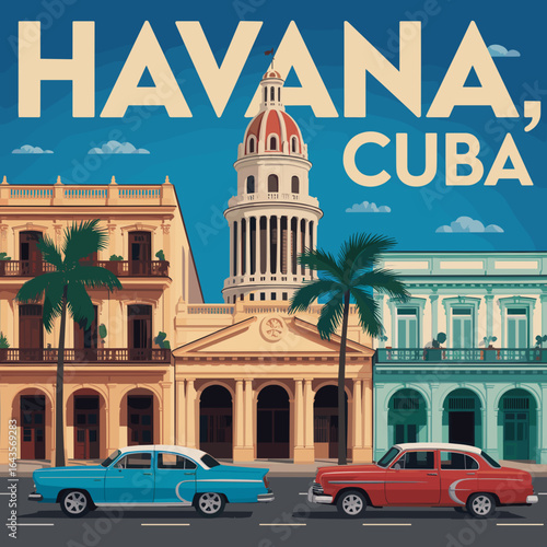 Havana Cuba Vintage Travel Poster with Classic Cars