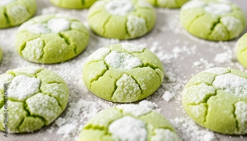 Vibrant green matcha cookies rolled in powdered sugar before bak
