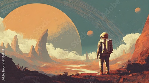 Fototapeta Naklejka Na Ścianę i Meble -  illustration of a space explorer in a vintage-style spacesuit, standing on a distant planet with a retro-sci-fi aesthetic