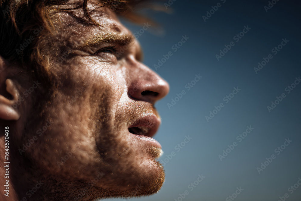 Fototapeta premium profile portrait of man with his mouth open taking deep breath under intense sunlight