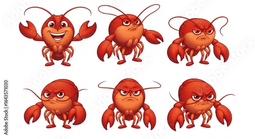 Cartoon crayfish characters in various poses