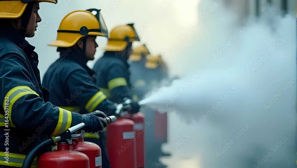 Fototapeta premium Team of professional firefighters in full protective gear and helmets, practicing a fire safety drill by using red fire extinguishers in coordinated line - emergency response training and teamwork 