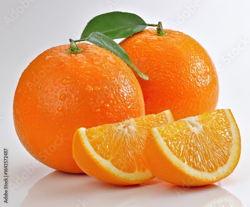 Two whole oranges and two slices, vibrant orange hue, wet with water droplets, fresh and healthy