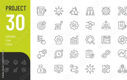 Project Editable Icons set. Vector illustration in modern thin line style of business related icons: planning, strategy, goal, and more. Isolated on transparent background.