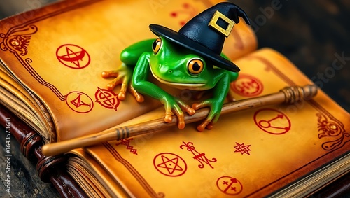 Halloween a green frog wearing a witch hat sitting on an open spellbook with a magic wand on top of the book halloween design 