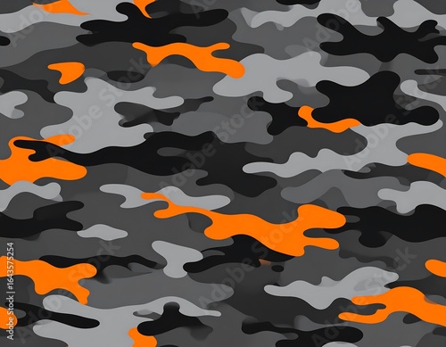 Abstract camouflage pattern with grey, black, and orange