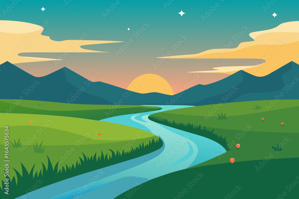 Obraz premium Green hills and mountains under a summer blue sky with clouds and a river flowing through a lush meadow