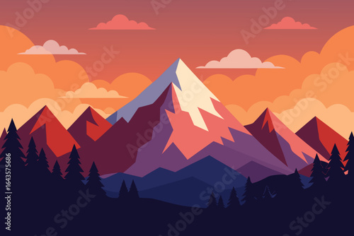 Sunrise over a snow-covered mountain peak with a fiery sky and thick fog