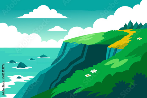 Vibrant vector landscape illustration of green mountains, hills, and a river flowing into the blue sea under a summer sky with clouds