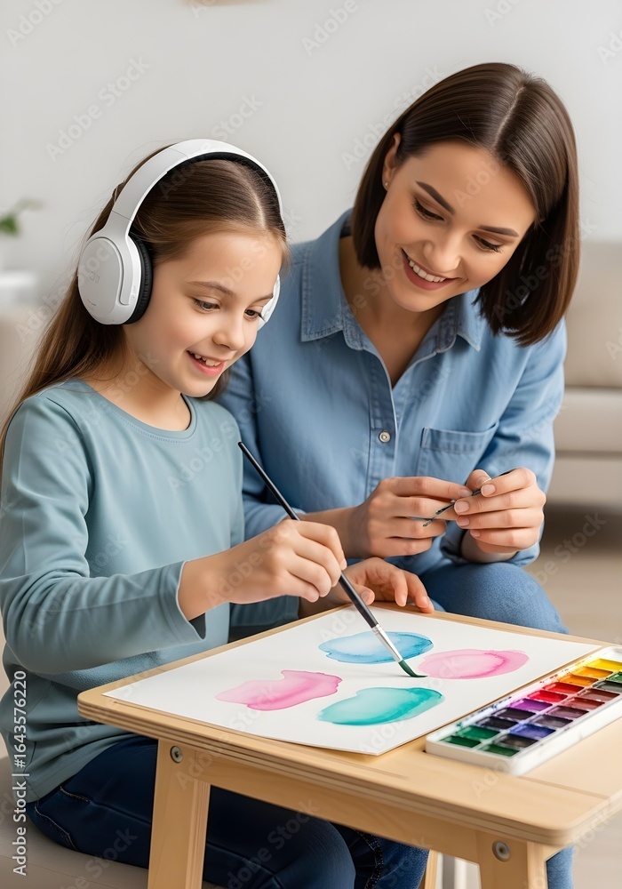 Neurodivergent kid girl with headphone in art therapy painting guided by therapist for creativity motor skills and autism spectrum inclusion Neurodivergent kid girl with headphone in art therapy painting guided by therapist for creativity motor skills and autism spectrum inclusion