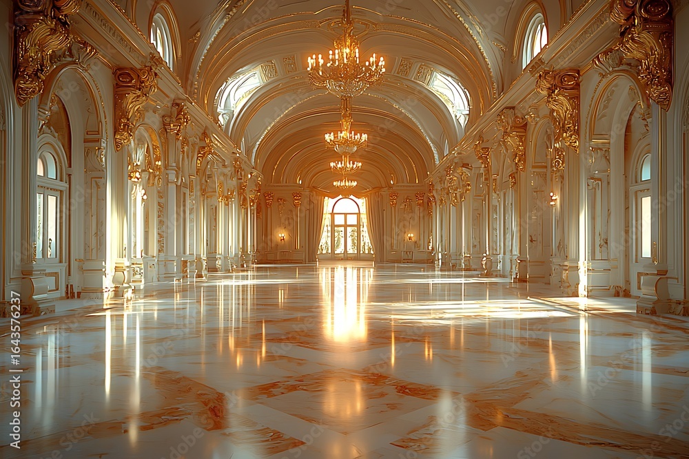 Obraz premium An opulent ballroom with grand chandeliers, marble floors, and gilded wall moldings, bathed in warm golden lighting, evoking an atmosphere of timeless luxury.