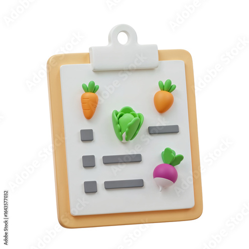 3d illustration of a clipboard with a healthy food checklist featuring carrots lettuce and radish isolated on transparent background