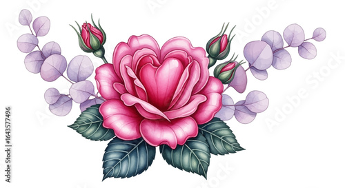 A Beautifully Rendered Pink Rose Adorned with Delicate Green Leaves and Soft Purple Eucalyptus Sprigs Creating an Elegant Floral Arrangement Perfect for Romantic Occasions or Sophisticated Decorations