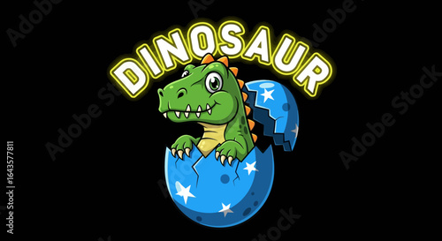 Adorable Baby Dinosaur Hatching from a Star-Studded Egg with Bright Yellow Neon Text Reading Dinosaur Overhead an Engaging Cartoon Illustration for Children and Dinosaur Enthusiasts