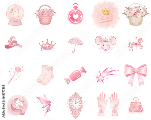 Princess and fairytale icons in pink watercolor design
