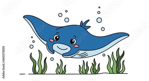 Adorable blue manta ray swimming gracefully through vibrant green ocean plants with tiny air bubbles rising towards the surface in this charming cartoon illustration