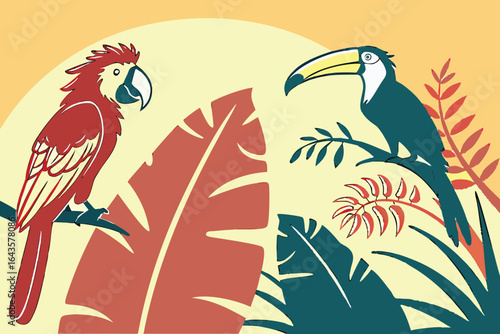 Tropical Birds and Lush Plants in a Retro Style