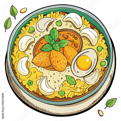 Delicious and colorful indian biryani dish with rice meat egg cashews peas and mint leaves