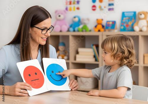 Autistic child boy in therapy session identifying happy face card with therapist to develop emotional recognition communication skills and autism inclusion
