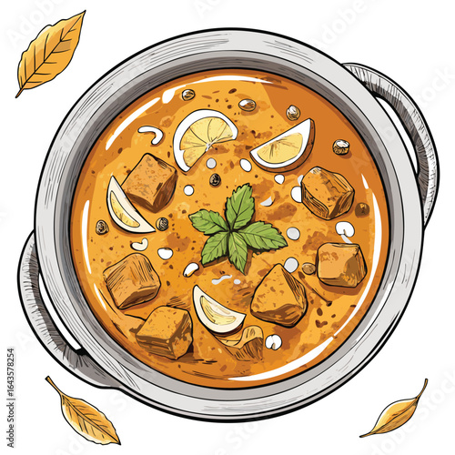 A delicious bowl of indian curry with paneer lemon and fresh mint surrounded by autumn leaves