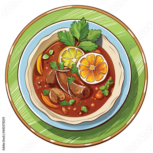 A delicious bowl of hearty beef stew garnished with fresh parsley and citrus slices