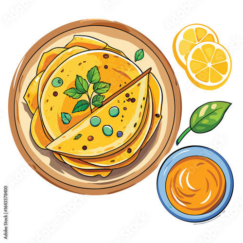 Deliciously presented stack of golden crepes garnished with fresh mint and served with a side of honey and lemon slices