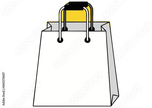 Plain white shopping bag with metal handles on a bright yellow background, vector illustration