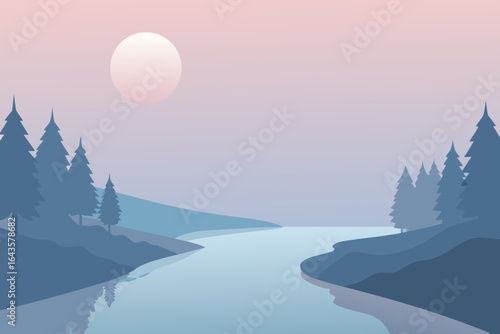 Sunrise over a snowy mountain landscape, with frosted trees in a cold winter forest under a vibrant sky