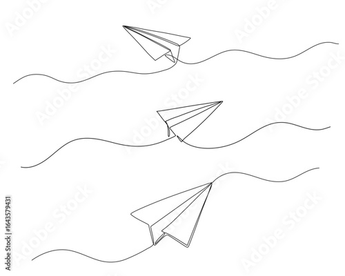 Paper plane one continuous line illustrations set. Hand drawn doodle vector drawing isolated on white background