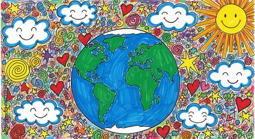 A Vibrant Artistic Interpretation of Our Beautiful Planet Earth Surrounded by Joyful Clouds Smiling Sun Hearts Stars and Swirling Patterns Representing Peace and Harmony