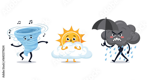 Cute cartoon weather characters depicting a joyful tornado a shy sun hiding behind clouds and an angry storm cloud holding an umbrella during a downpour illustration