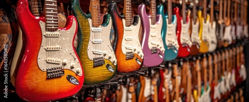 The vibrant display of electric guitars in a colorful music store