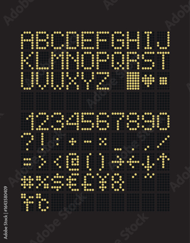 Pixel dot font capital letters, numbers and punctuations. For techno style illustrations. LED sign board font in airport and train station