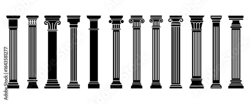 Ancient Greek columns silhouette, Roman architectural building elements, Collection of various ancient columns, Greek and Roman