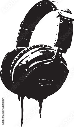 Headphones in a black silhouette grunge style. Modern vector illustration with simple design for music and audio.