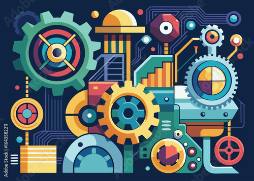 Intricate mechanical assembly with colorful gears and pipes industrial technology