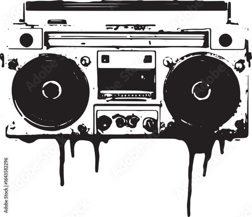 Boombox with speakers in black drip graffiti style. Retro stereo vector illustration in black and white.