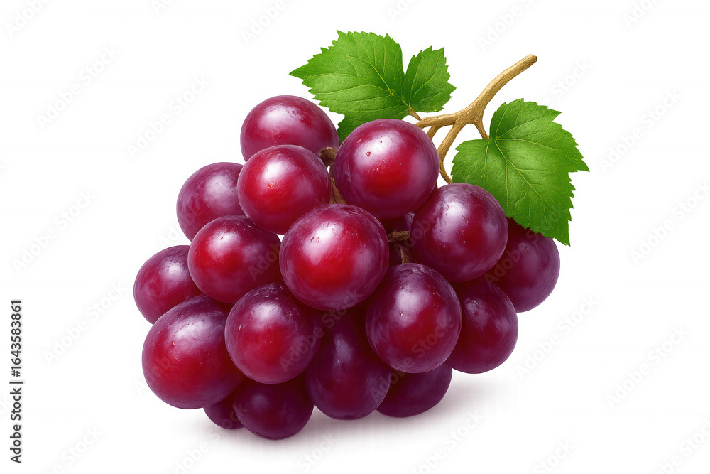 Fototapeta premium Ripe red grapes clustered with verdant leaves, suspended against transparent backdrop, highlighting natural freshness