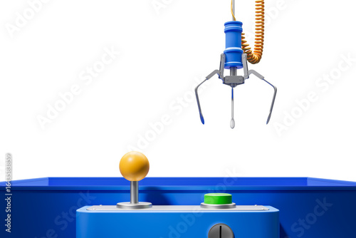 Arcade claw machine grabber with joystick and green button in close-up, colorful and detailed 3D rendering on white background, concept of gaming control