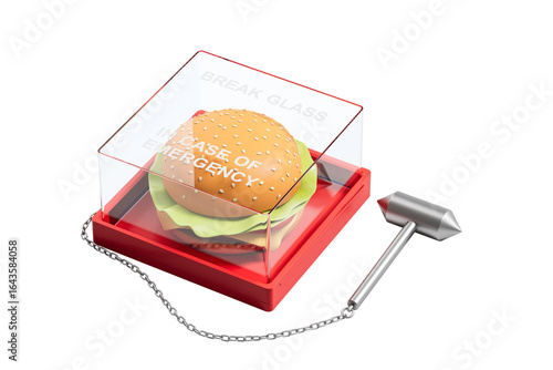 Photography Cheeseburger locked inside emergency glass box with hammer on white background, humorous concept of fast food craving as urgent emergency