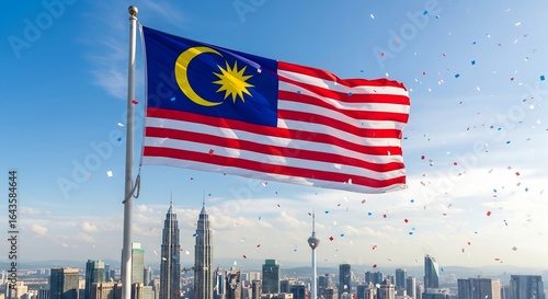 Malaysia Independence Day Celebration with Flag and Kuala Lumpur Skyline.