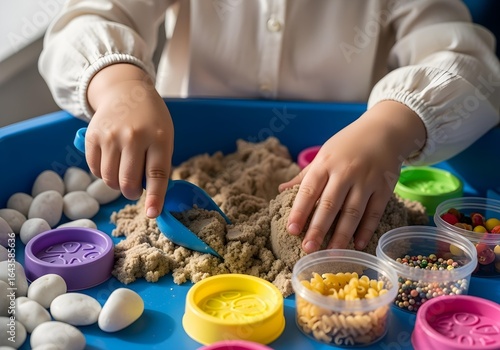 Autistic child hands playing with kinetic sand and sensory tools in occupational therapy for tactile stimulation motor skills autism awareness and neurodiversity inclusion