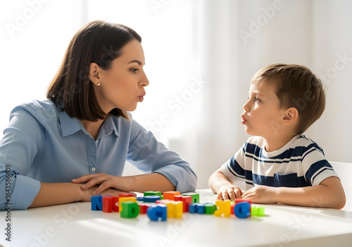 Autistic child boy in speech therapy imitating therapist mouth shape for articulation and pronunciation skills to promote communication and neurodiversity inclusion awareness