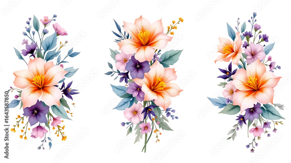 Fototapeta premium Elegant watercolor floral arrangements with various blossoms and decorative greenery isolated on transparent background.