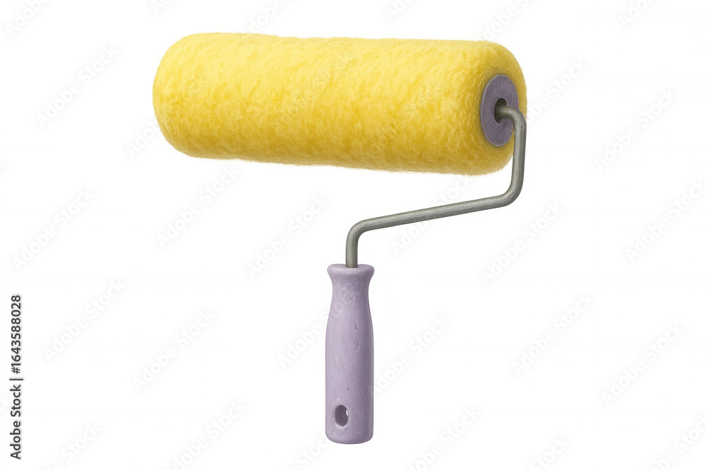 Obraz premium New yellow paint roller with purple handle isolated on transparent background, ready for painting and home renovation