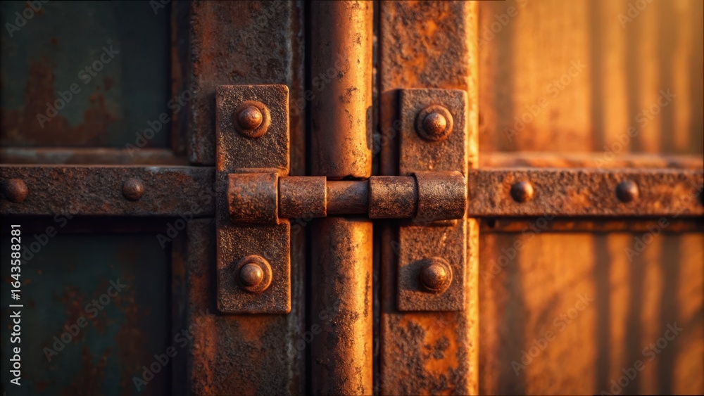 Fototapeta premium Rusty Metal Hinge on Cargo Door in Macro Focus with Warm Lighting